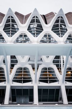 Close-up of a futuristic building with geometric patterns in Valencia, Spain.