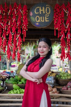 Woman in red dress posing in a vibrant market with fruits and decor.