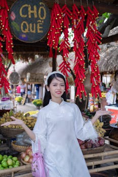 Woman in traditional attire at a vibrant Vietnamese market with fresh produce and decorations.