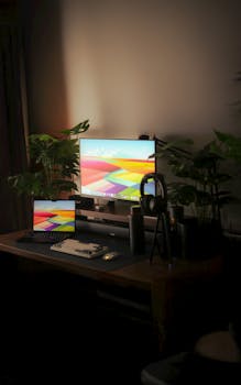 Cozy home office setup with dual screens, keyboard, mouse, and surrounding plants for a green workspace feel.