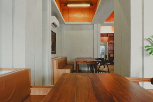 A cozy, minimalist cafe interior in Jawa Barat, Indonesia, showcasing modern aesthetics.