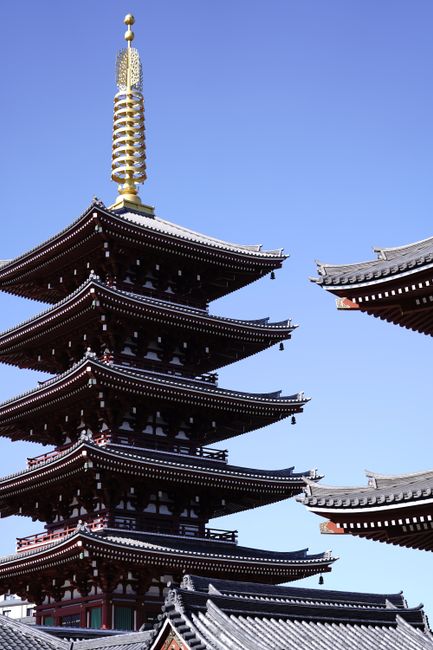 Stunning view of a traditional Japanese pagoda against a clear blue sky.