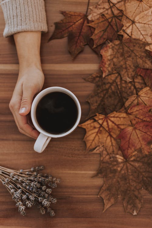 Foto De Alto ángulo De La Mano De Una Persona Sosteniendo Una Taza Llena De Café