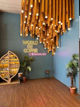 Modern interior of World of Coffee shop in Chikmagaluru with unique ceiling design.