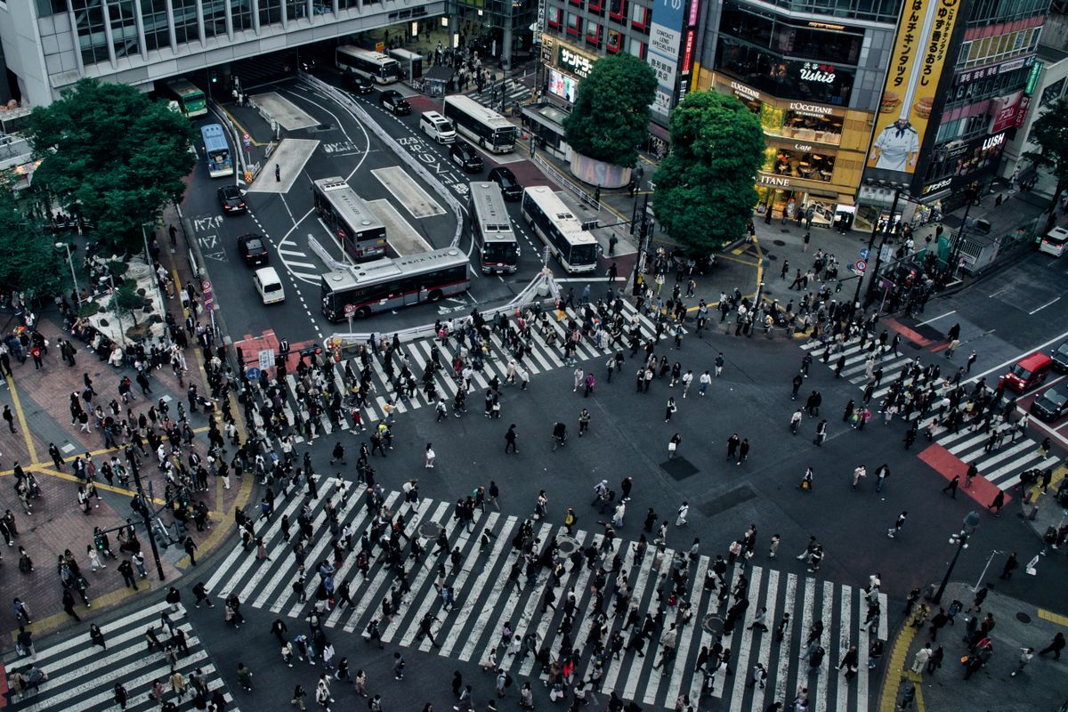 Aerial view of crowded Shibuya scramble crossing in Tokyo