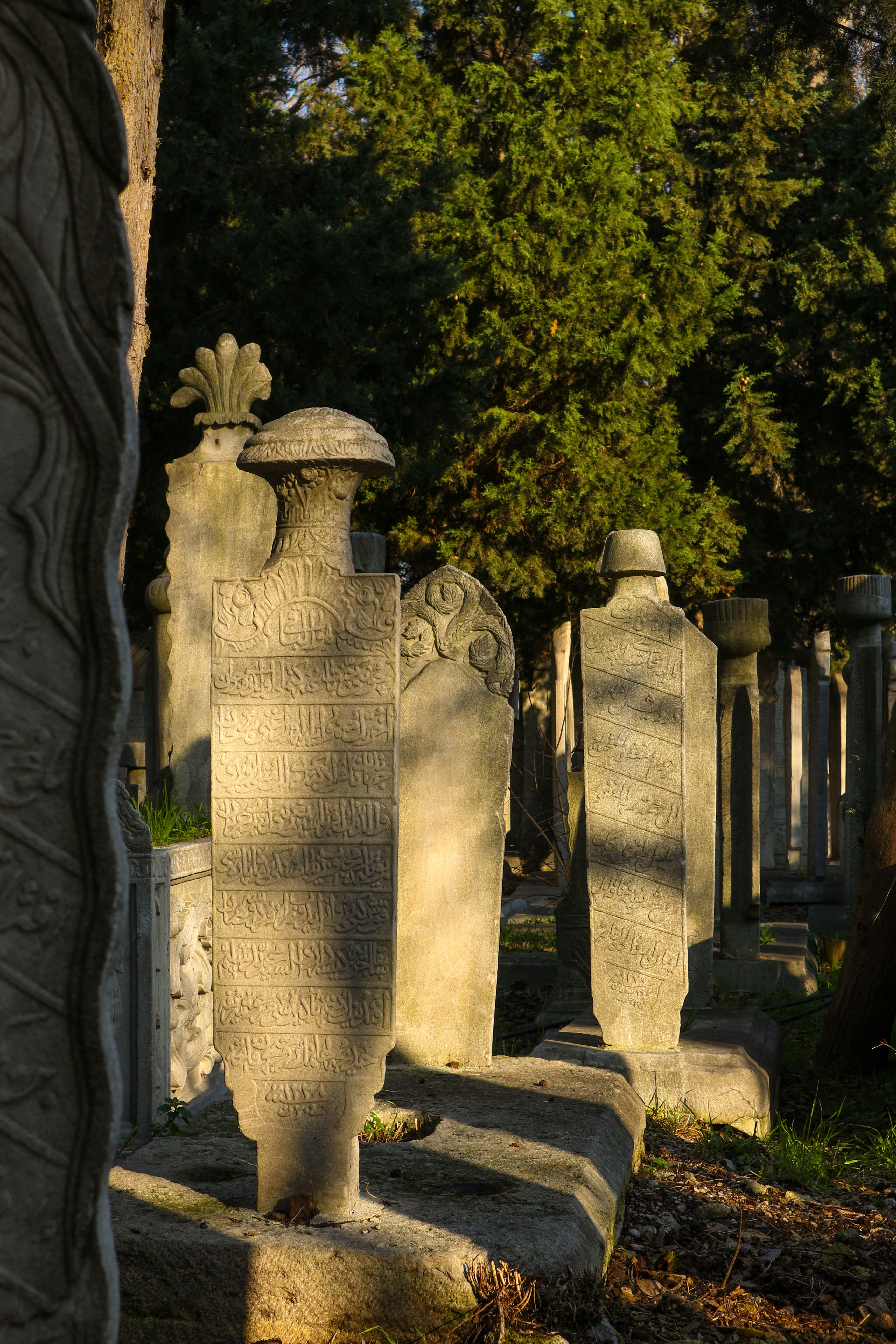 Fotomural Antiguas lápidas otomanas con intrincados tallados en un cementerio soleado y tranquilo.