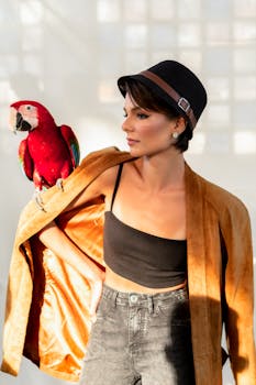 温暖的阳光下，一位时尚的女人肩上停着一只五颜六色的金刚鹦鹉