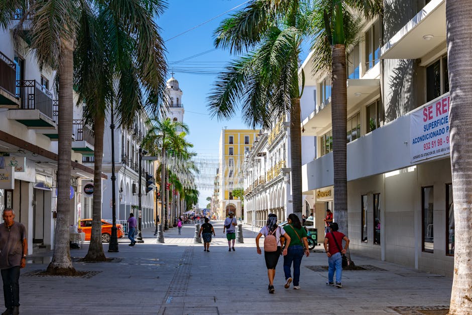 Daytime street view in Veracruz, Mexico with people, palm trees, and colonial architecture.