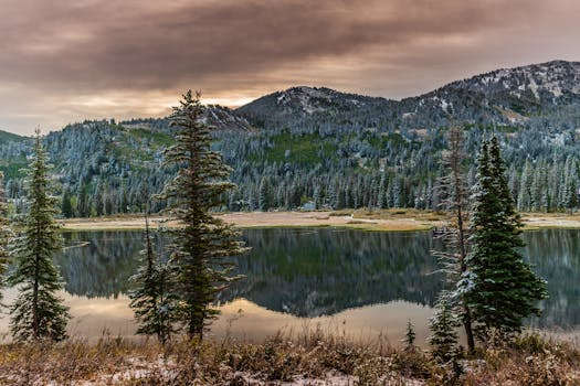 宁静的山湖与松林倒映着美国犹他州白雪皑皑的山峰