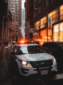 New York City street view with an NYPD police car at night. Urban ambiance.