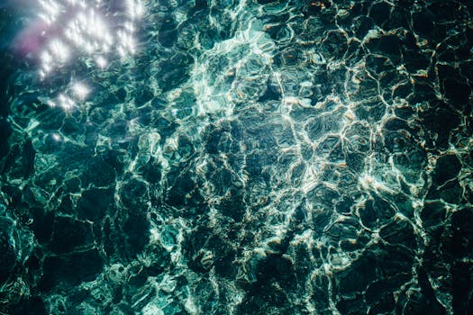 水景阳光明媚，反射错综复杂，蓝色色调充满活力