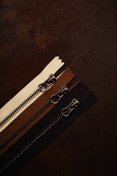 A detailed view of three zippers on a textured brown surface, ideal for sewing concepts.