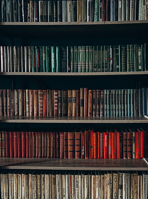 Vintage book collection on a wooden bookshelf