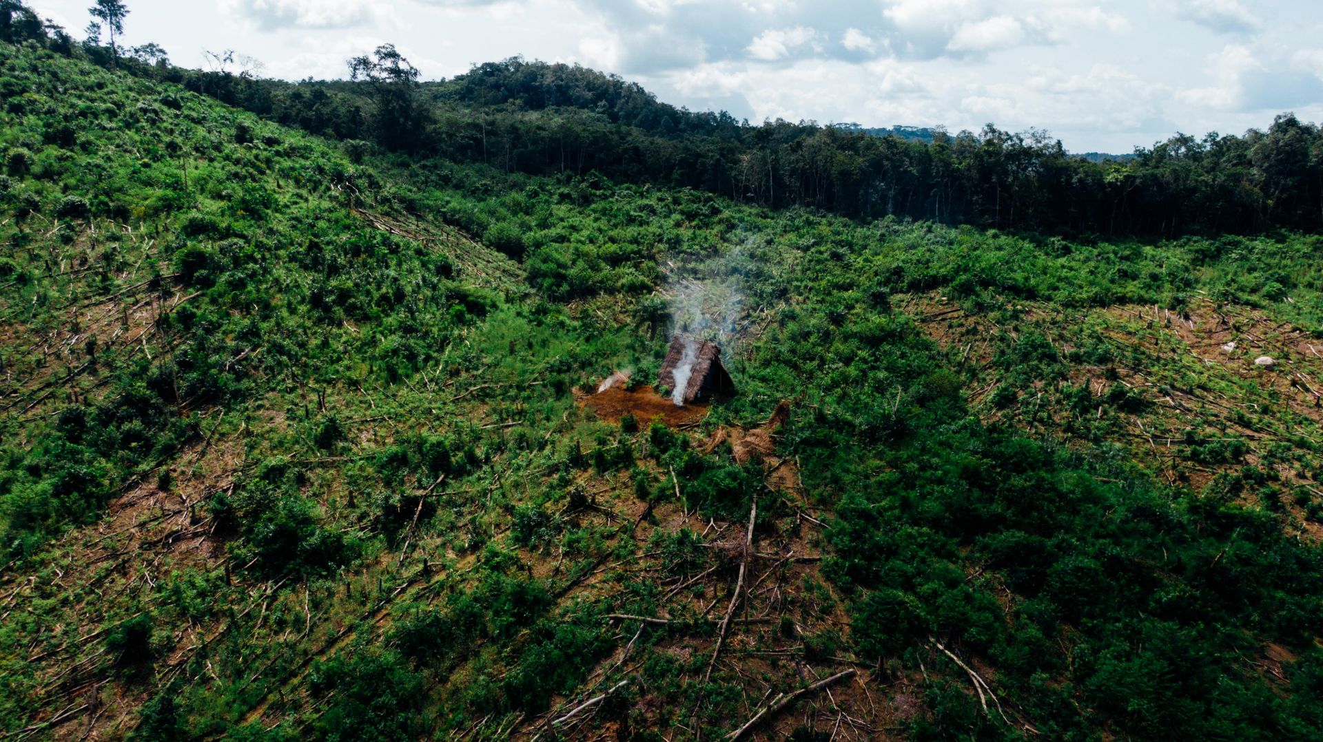 Aerial view of a rustic hut in a lush forest clearing with smoke rising, surrounded by mountainous terrain.