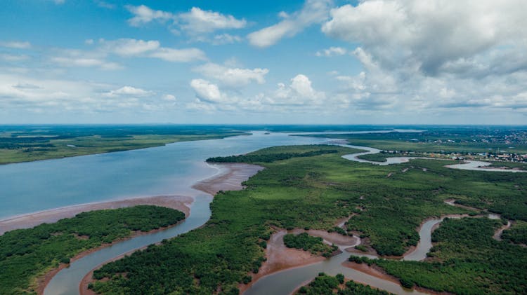 Aerial View Of An Estuary And Its Surrounding Lush Landscape