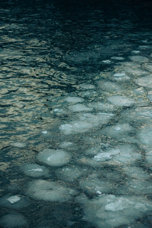 Free A serene winter view of ice floating on Lake Ontario's blue waters in Toronto, Canada. Stock Photo