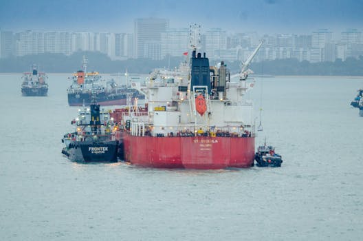 Cargo ships and tugboats navigating a bustling urban harbor against a city skyline backdrop.