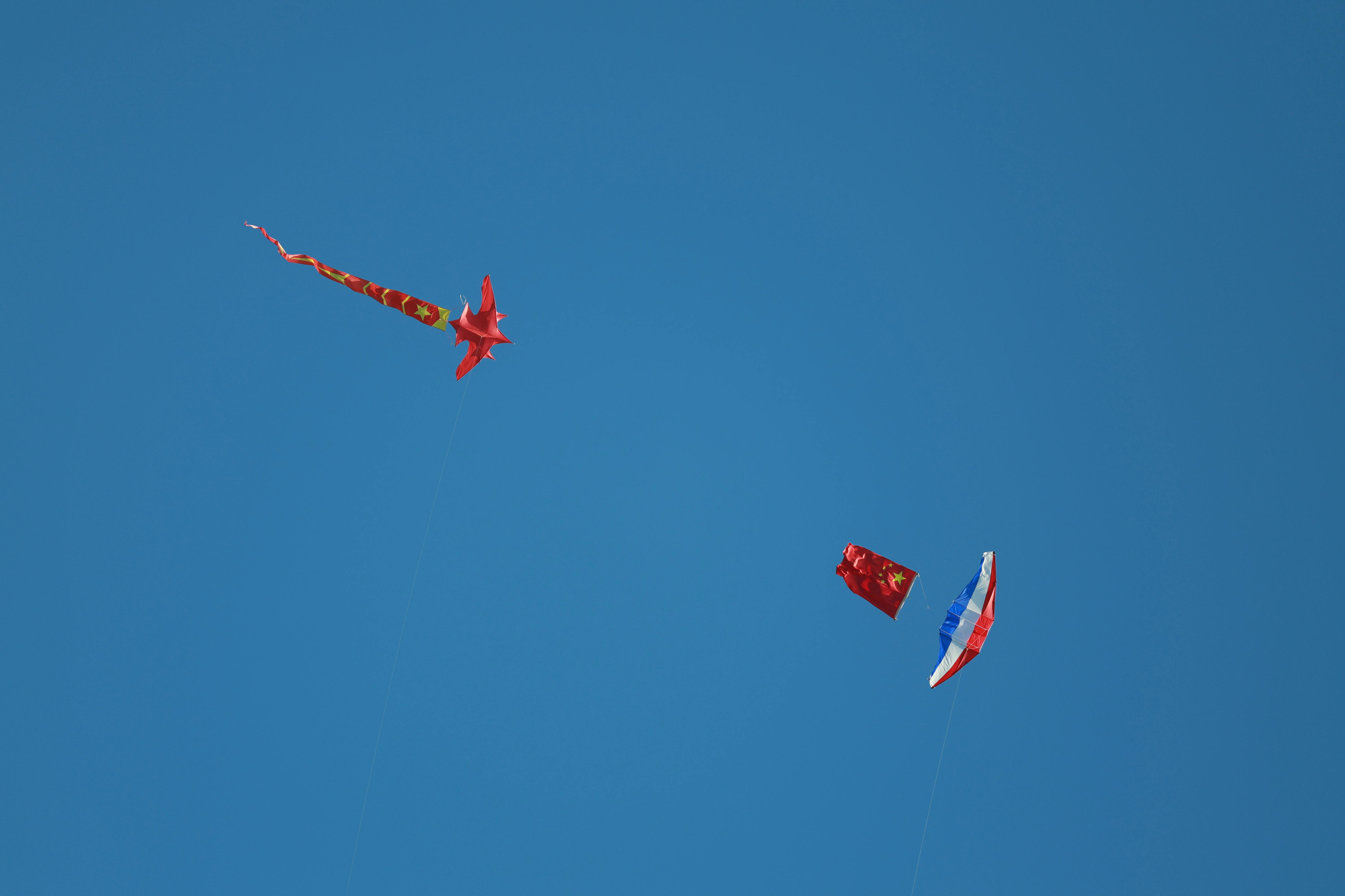 무료 맑고 푸른 하늘을 배경으로 날아가는 세 개의 생동감 넘치는 연이 화창한 날의 본질을 포착했습니다. 스톡 사진