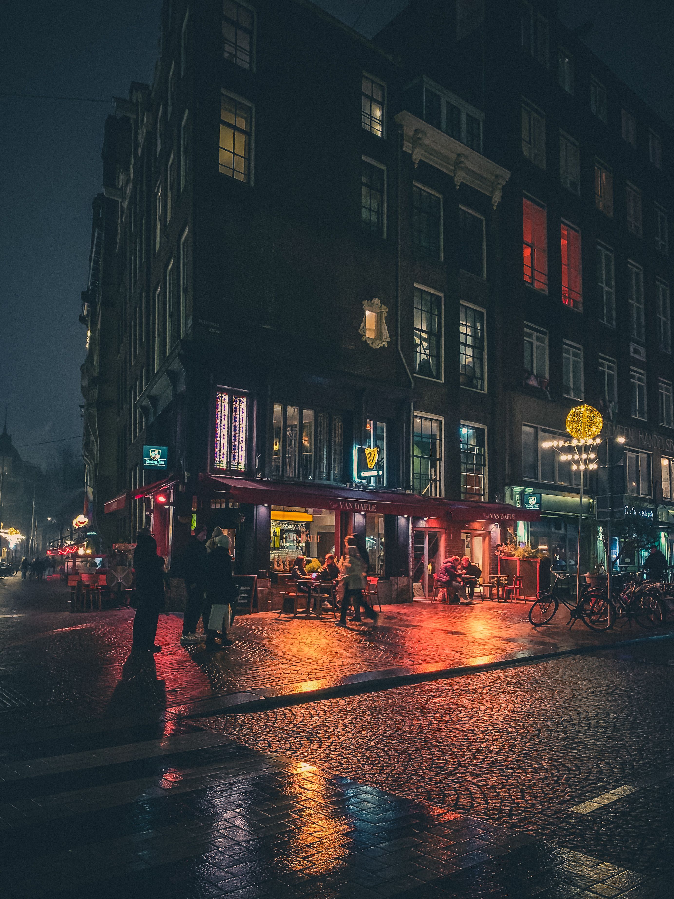 Amsterdam Street Scene at Night with Reflections · Free Stock Photo