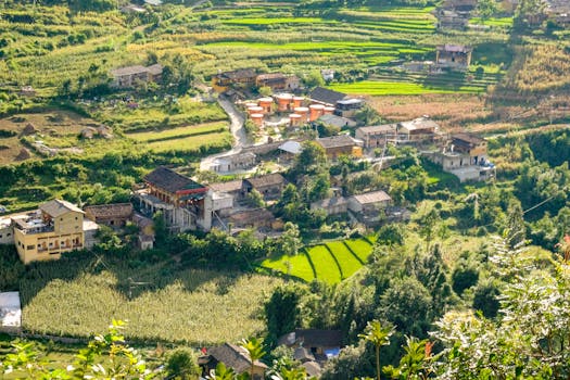 Aerial view of a picturesque village surrounded by lush green rice fields in Hà Giang, Vietnam.
