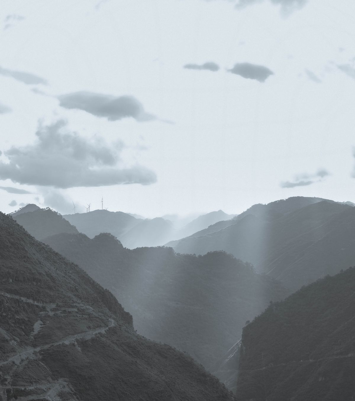 Misty mountain range in Ha Giang Vietnam with atmospheric fog