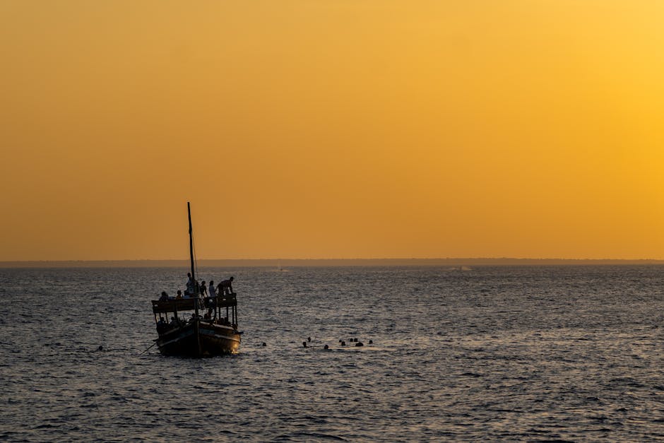 traditional dhow boat at sunset off the coast of Zanzibar - tropical vacation destinationsโ traditional dhow boat at sunset off the coast of Zanzibar - tropical vacation destinationsโ