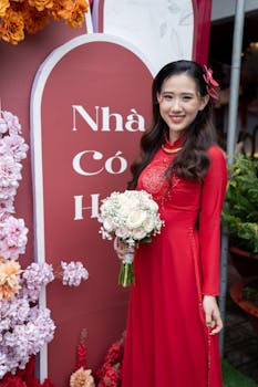 Elegant woman in red traditional dress holding a bouquet next to floral background and sign in Vietnamese.