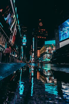 纽约时代广场的夜景充满动感，展现了城市灯光在潮湿路面上的反射