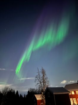 Breathtaking aurora borealis dances above a snowy village at night.