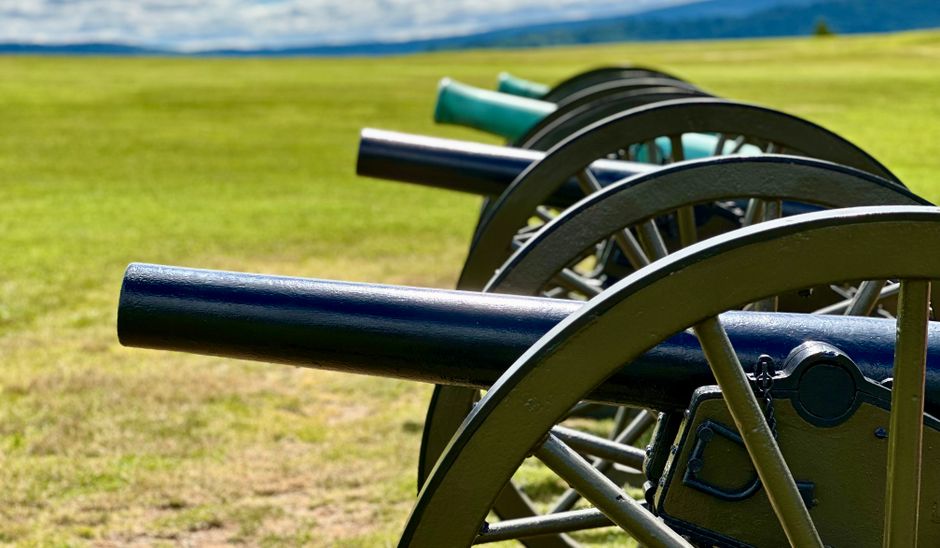 Row of historic cannons on display at Antietam National Battlefield in Maryland.