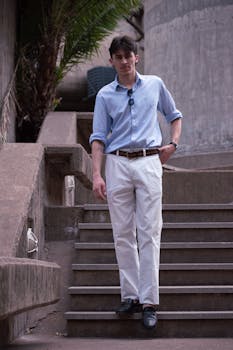 A fashionable young man with sunglasses and elegant attire on stairs in Buenos Aires.