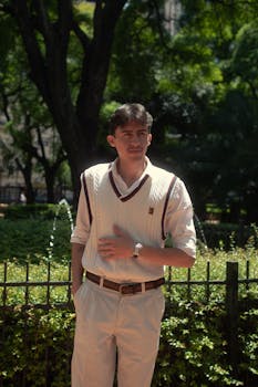 Portrait of a stylish young man enjoying a sunny day in Buenos Aires park.