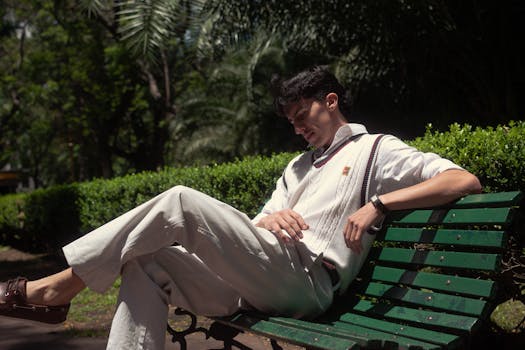 Young man in fashionable attire relaxing on a park bench in Buenos Aires, enjoying a sunny day.