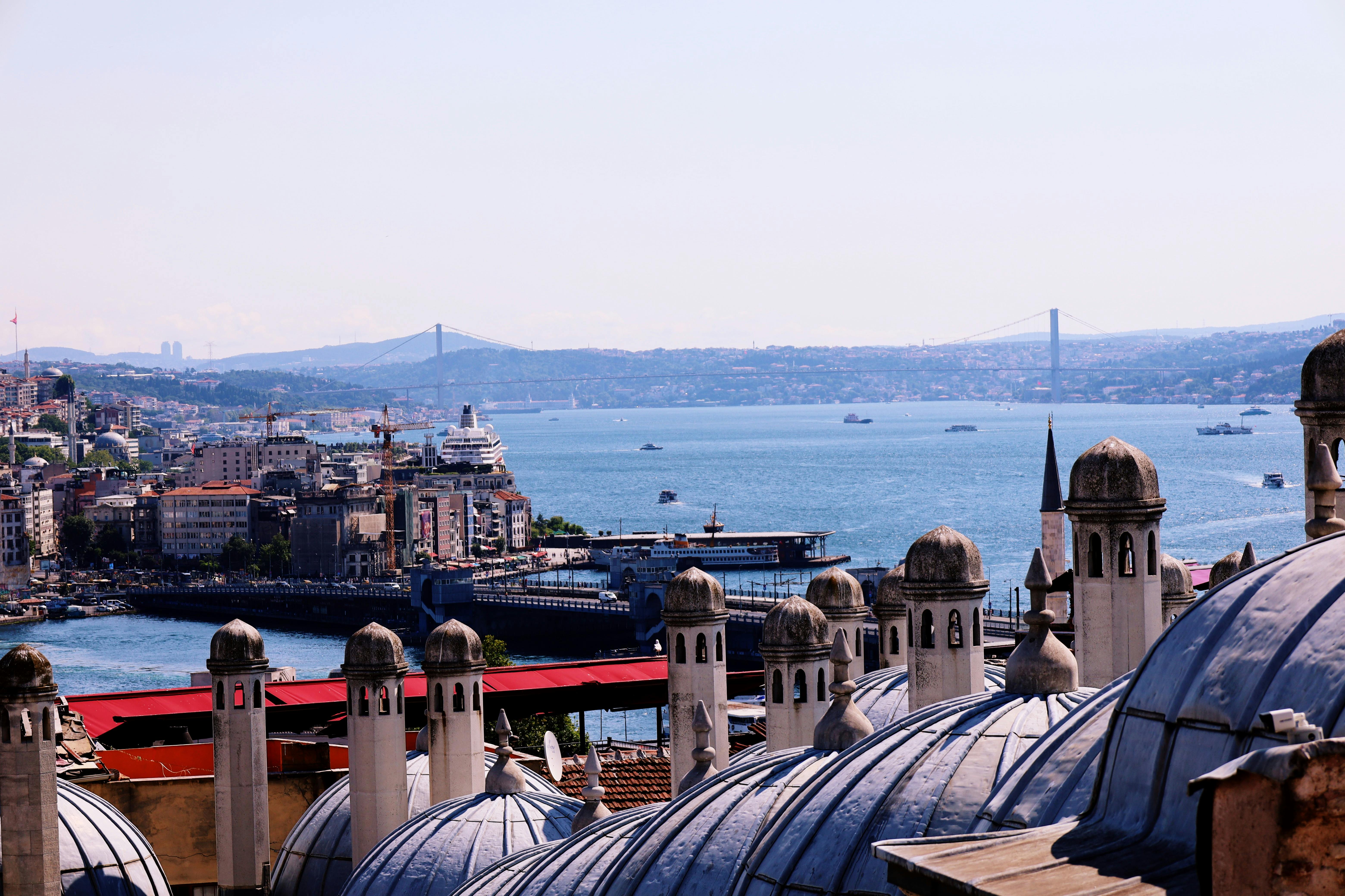 Vibrant view of İstanbul featuring the Bosphorus Bridge, domes, and cityscape.