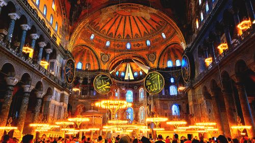 Free Experience the awe-inspiring architecture and vibrant lighting of Hagia Sophia in Istanbul, Türkiye. Stock Photo
