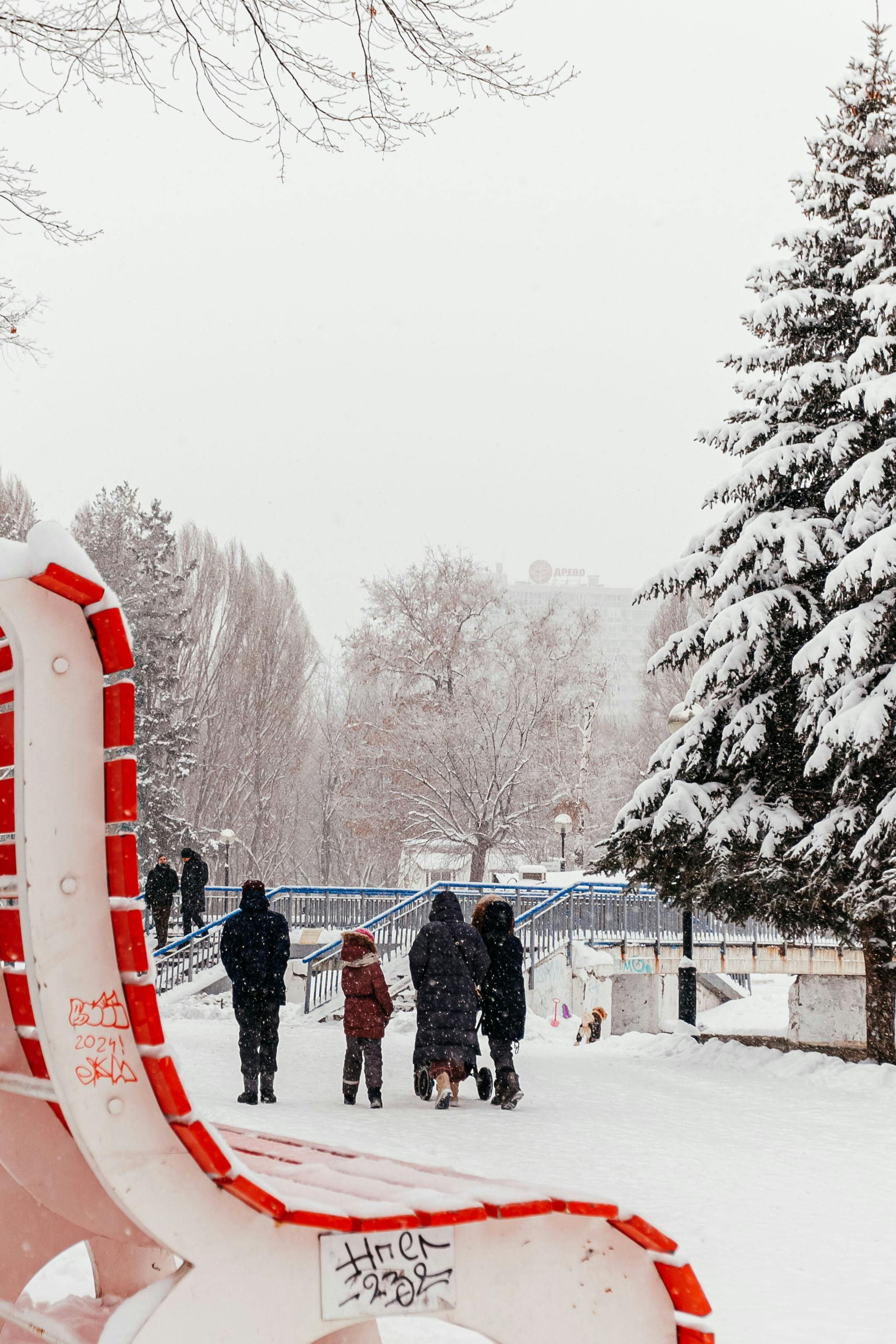 A group of people walking in a snow-covered urban park during winter.
