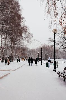 Snow-covered park with walking people and distant Ferris wheel.