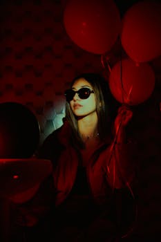 Woman in sunglasses holding red balloons in a dark, moody setting with red tones.