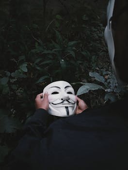 A person holds a white mask amid dark foliage, creating a mysterious and moody atmosphere.