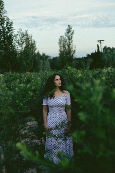 A woman in a polka dot dress stands amidst lush greenery in a Brazilian garden.
