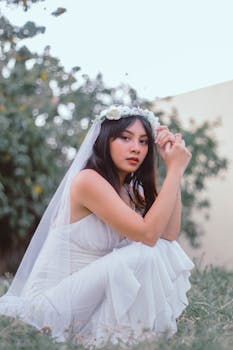 花园里，一位身着飘逸白色连衣裙、头戴花卉头饰的新娘，肖像宁静