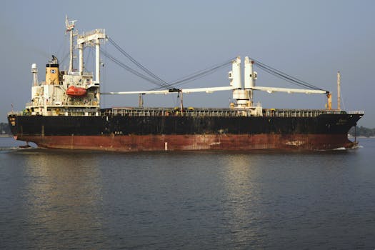 A large cargo ship with cranes sails on calm waters under a clear sky, ideal for commercial use.