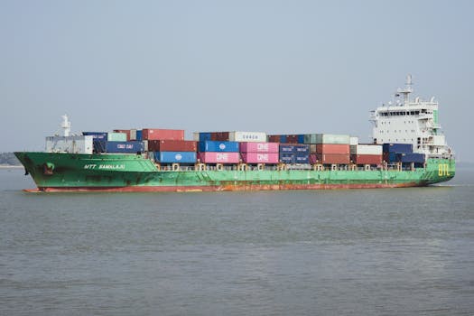 A cargo ship carrying multiple containers navigates through calm waters under a clear blue sky.