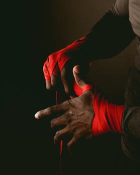 Boxer wrapping hands in bright red bandages, preparing for training or fight, highlighting focus and strength.