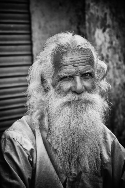 Free Black and white portrait of an elderly man with a long beard, exuding wisdom and experience. Stock Photo