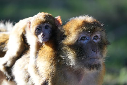 A Barbary macaque baby clings to its mother in Azrou, Morocco.