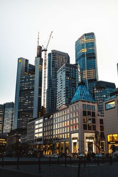 Stunning view of Frankfurt's modern skyline featuring high-rise buildings at dusk.