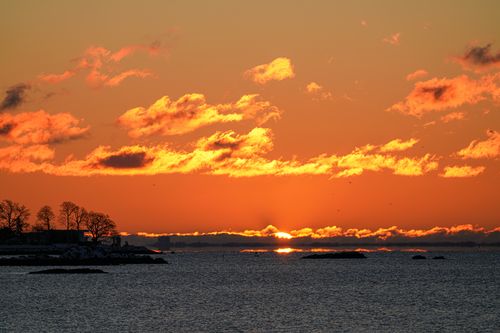 Free Breathtaking winter sunrise over Cove Island Park, Stamford capturing vivid orange hues. Stock Photo