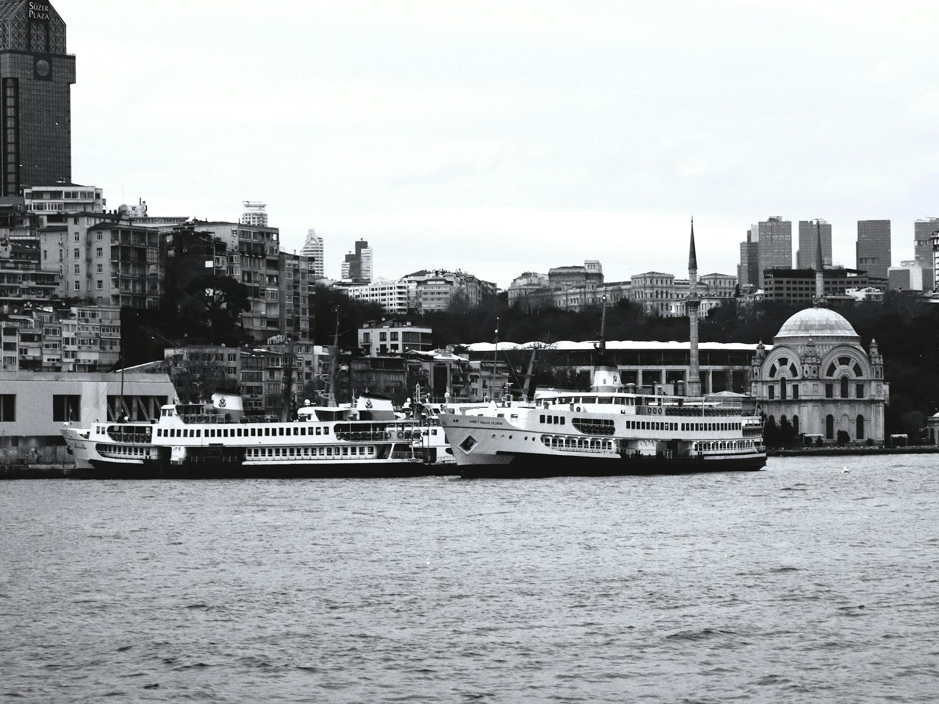 Black and white view of Istanbul's waterfront featuring ferries and historic architecture.