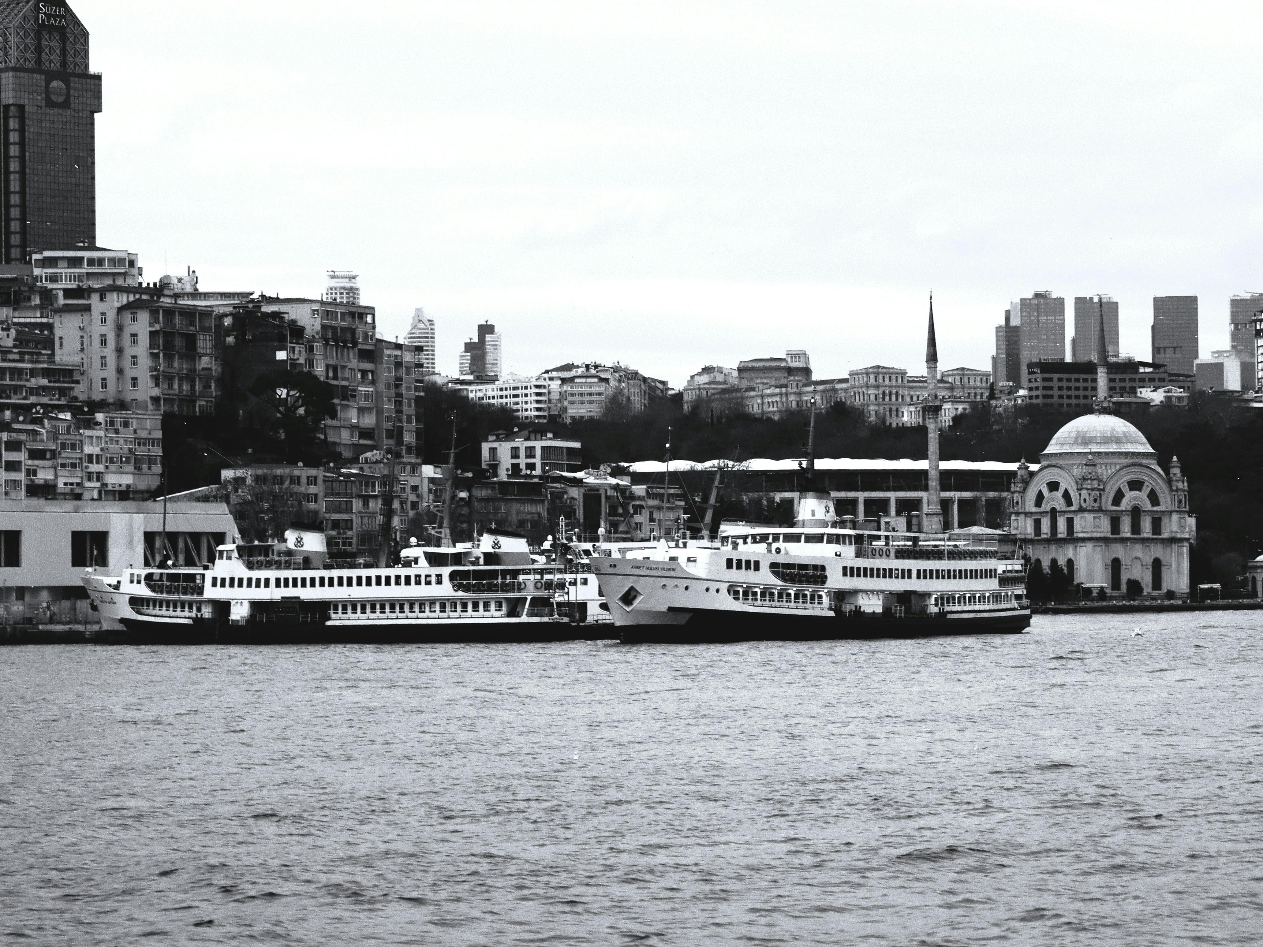Gratuit Vue en noir et blanc du front de mer d'Istanbul avec ses ferries et son architecture historique. Photos